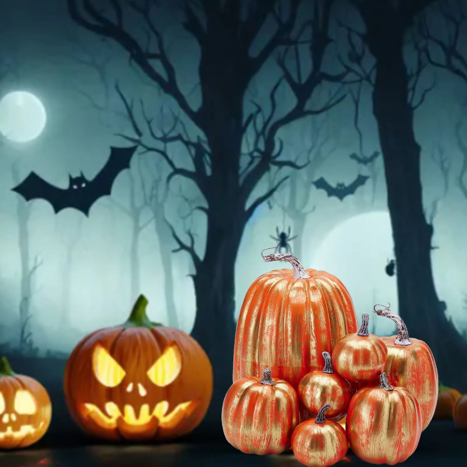 Reusable Lightweight Foam Pumpkin Set 7pcs - Glossy Red Gold Simulated Prop for Home Decoration