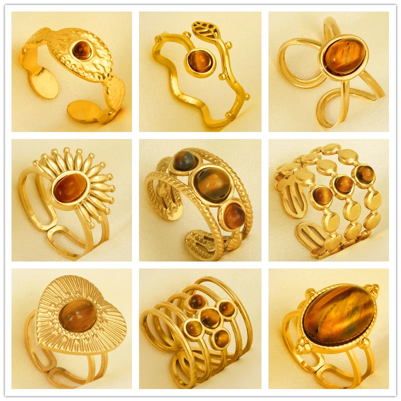 Real Tiger Eye Stone Ring Sun Heart Stainless Steel Open Rings For Women Men Accessories Real Gold Plated Vintage Jewelry Anillo