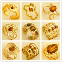 Real Tiger Eye Stone Ring Sun Heart Stainless Steel Open Rings For Women Men Accessories Real Gold Plated Vintage Jewelry Anillo