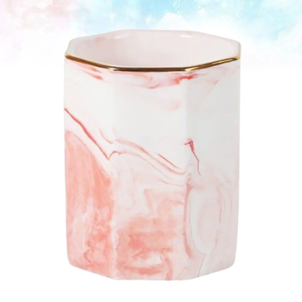 1Pcs Elegant Marble Finish Ceramic Storage Cup Nordic Aesthetic Pink Gold Trim for Cosmetics Pens Toothbrush Organizer Cup