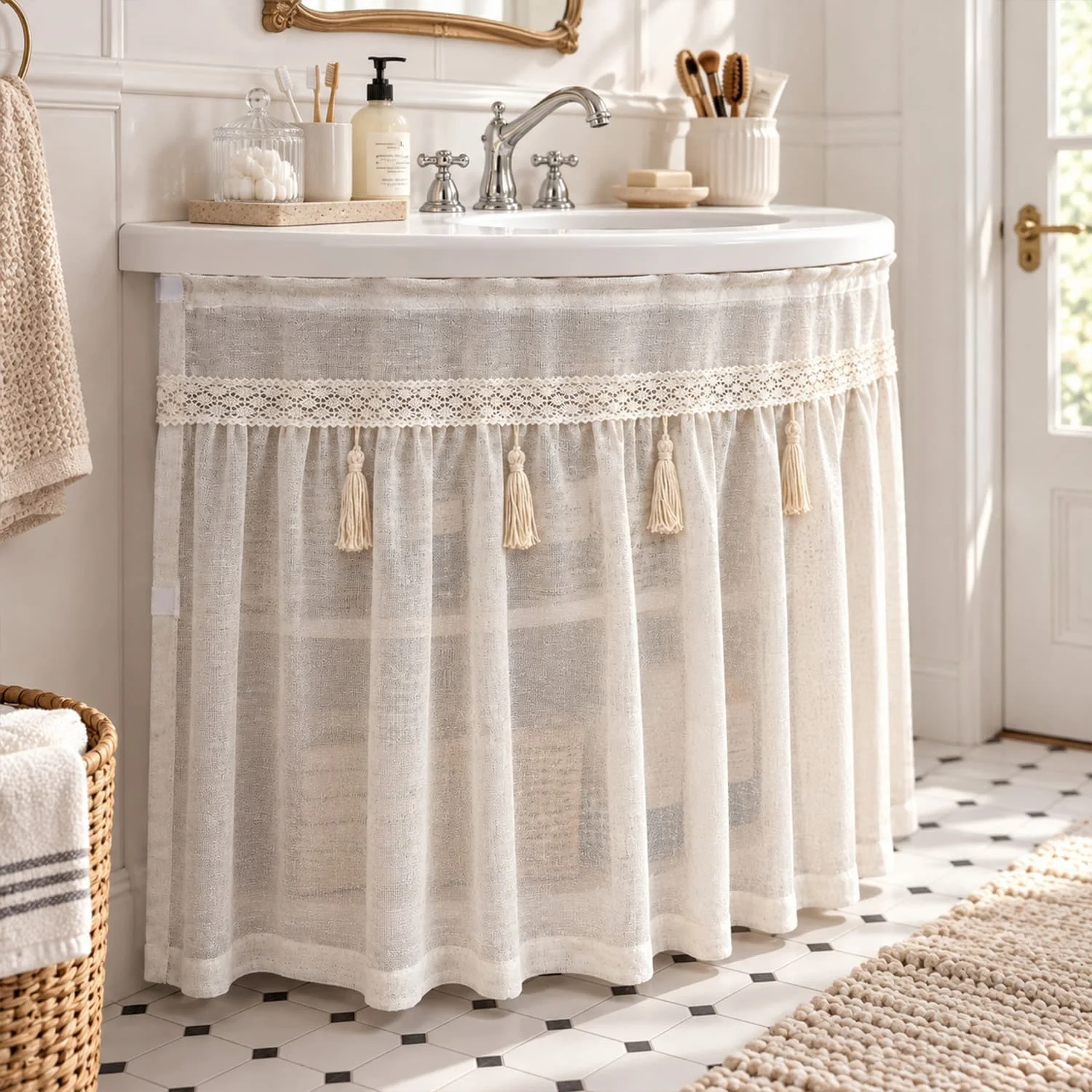 1PC French Country Faux Linen Cabinet Curtain with Crochet Lace & Tassels, Self-Adhesive Dustproof Under Sink Skirt,Short Drapes