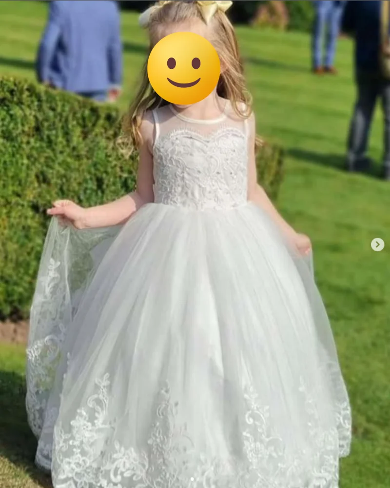 Maßgeschneiderte weiße Blumenmädchenkleider für die Hochzeit, Spitzenapplikationen, Prinzessin, Erstkommunion, Kindergeburtstag, Party, Ballkleider