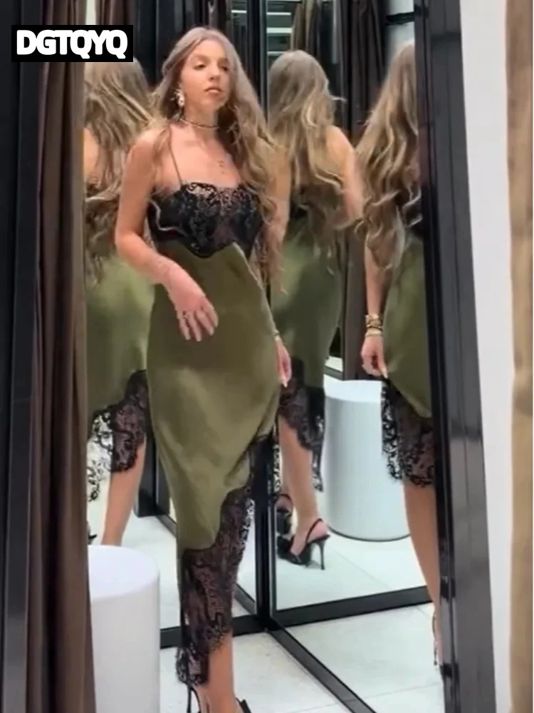 Chic Lace Patchwork Satin Camisole Dress Sleeveless See Through Irregular Hem Dresses 2026 New Party Daily Outdoor Casual Attire