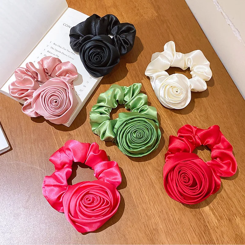 6Pcs/Lot DIY French Retro Gentle Rose Large Size Scrunchie Satin Gloss Artistic Flower Hair Band Styling Tools Accessory HA2623