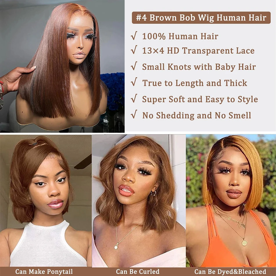 Glueless Wig Human Hair Ready To Wear Pre plucked Pre Cut 4# Chocolate Brown Bone Straight 13x4 Lace  Frontal Bob Wig For Women