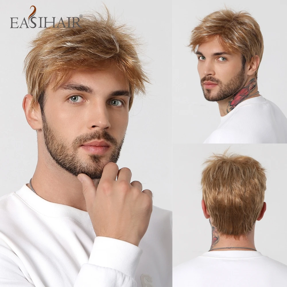 

EASIHAIR Synthetic Men Wigs Short Pixie Cut Bob Wigs with Bangs Blonde Golden Layered Men's Wig for Daily Cosplay Heat Resistant