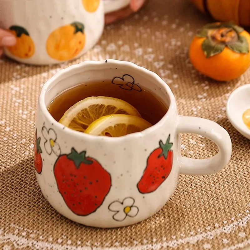 Cartoon Fruit Pattern Ceramic Tea Coffee Cups Juice Breakfast Mugs Simple Home Handheld Type Milk Coffee Mugs Home Accessories