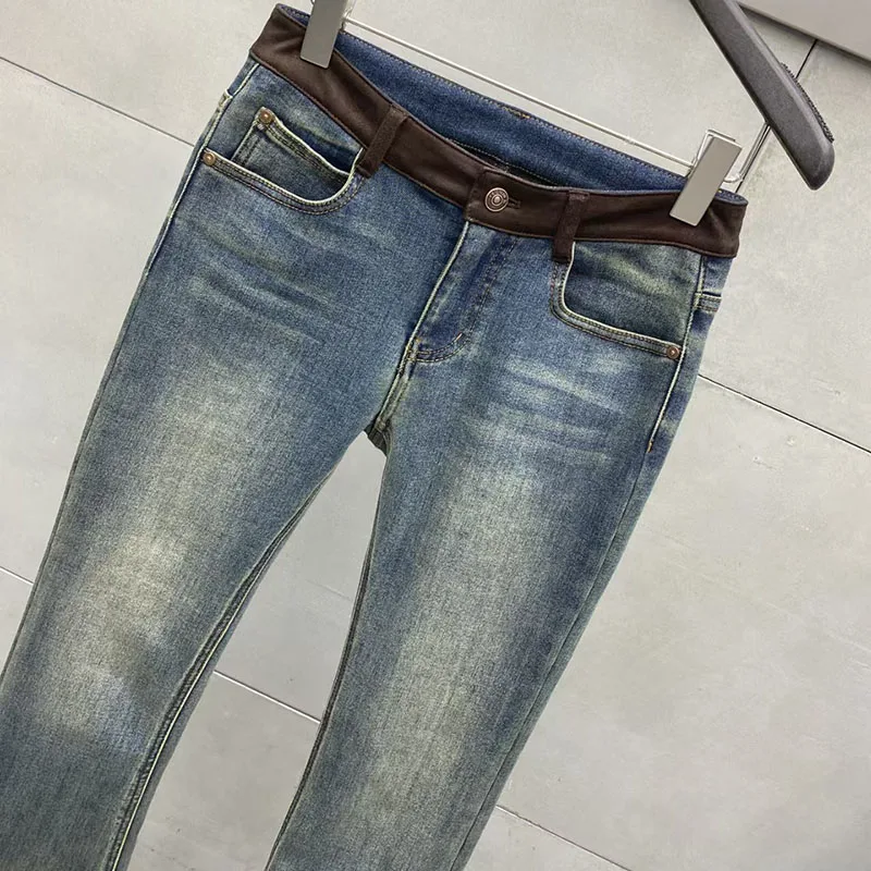 Damskie jeansy patchworkowe, spodnie dzwony barwione metodą fade-dye, wysokiej jakości pogrubione spodnie slim-fit, 2025, zima, nowość, Y2K