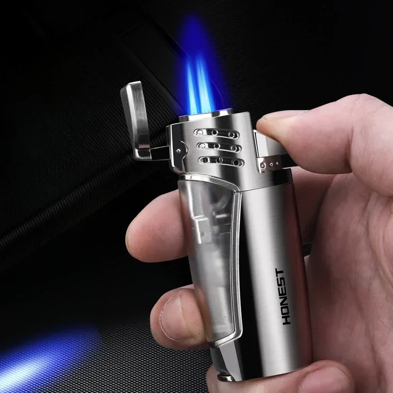 Luxury Curved Windproof Cigar Lighter, Metal Triple Jet Torch Butane Gas Inflatable Lighter, Equipped with Cigar Cutter