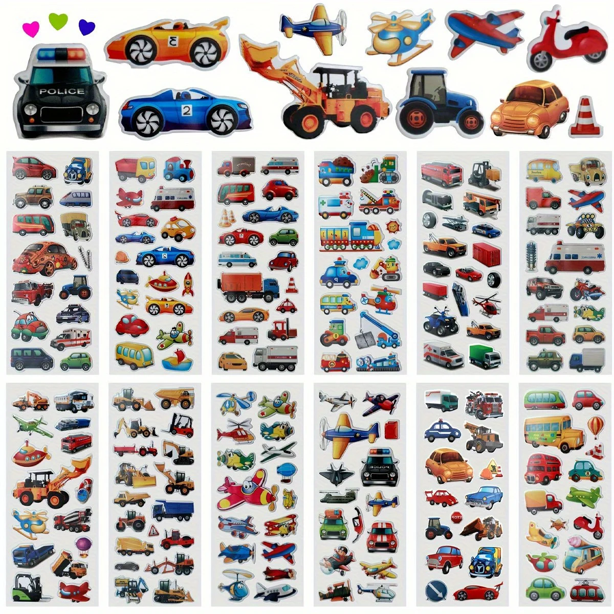 6pcs Vehicle Stickers Cars Fire Trucks Traffic Construction Buses Airplane for Laptop Water Bottles Luggage Party Supplies ZSY