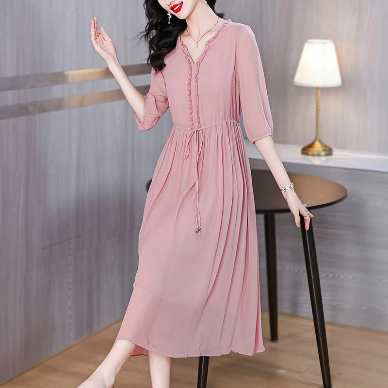 Silk Dress Summer 2024 New Gentle Celebrity French Dress Mulberry Silk Pink Sweet Short Sleeves Knee length A-line Long Dress