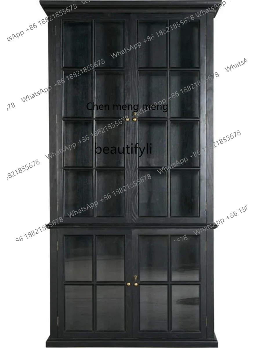 xxqAmerican-Style Solid Wood Bookcase Retro Medieval Traditional Glass Window Display Dining Side Wine Cabinet