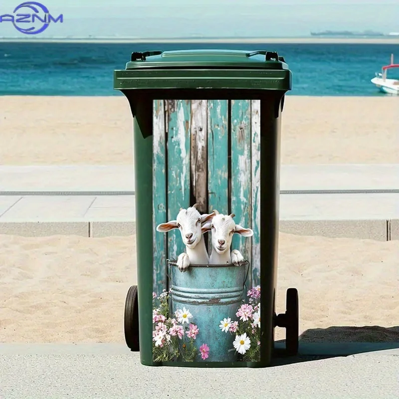 2D Flat, 1pc Trash Can Sticker - 2D Flat Peel-and-Stick Decal with Charming Goats & Flowers Design, Green Waste Bin Cover for