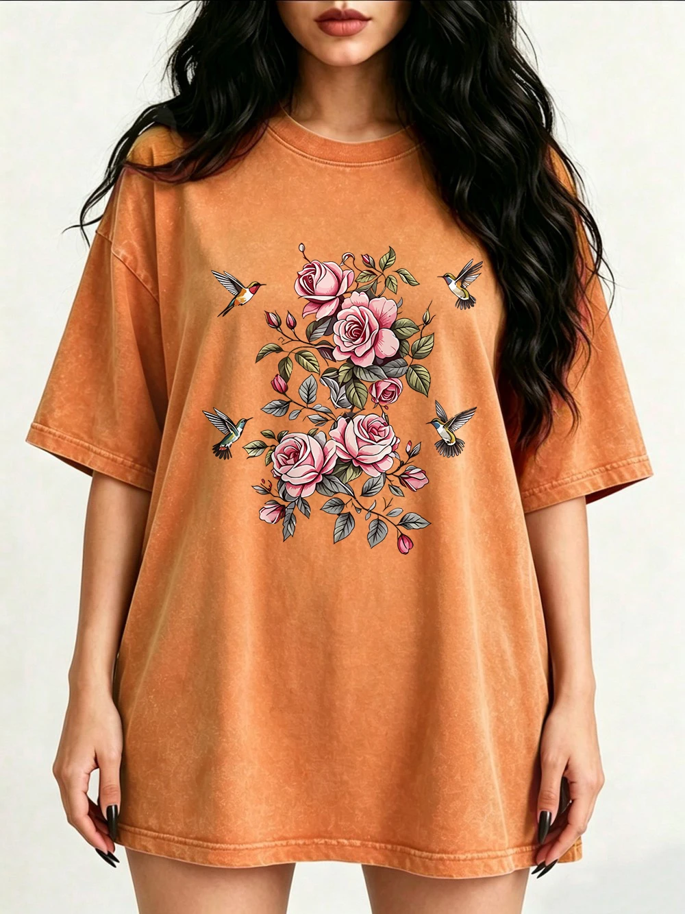 Pink Rose Hummingbird Floral Prints Washed T-Shirt Women Cotton Oversized T Shirt Street Distressed O-Neck Tops Summer Clothes