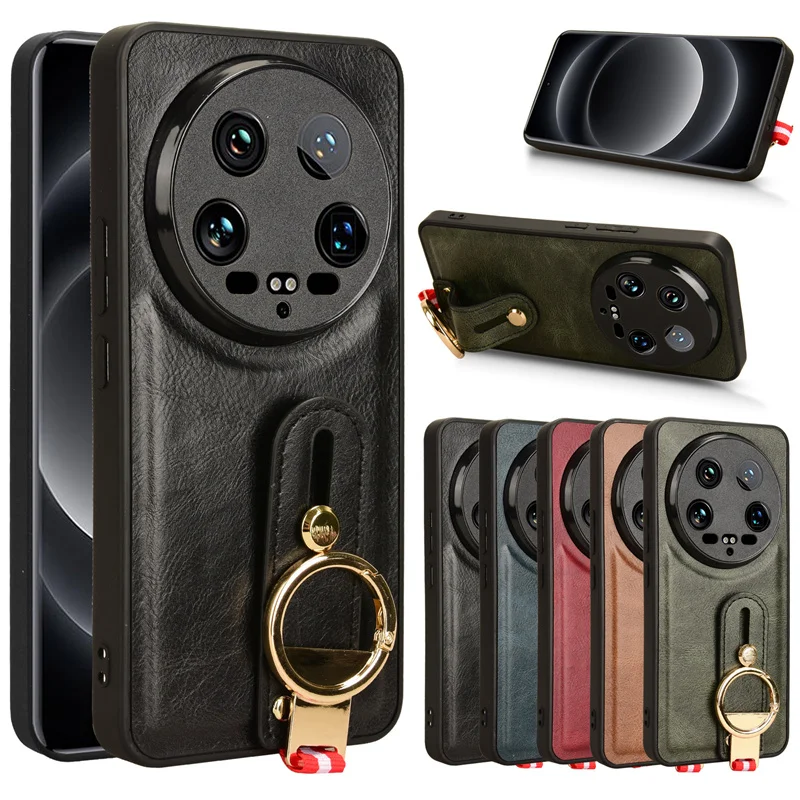 For Xiaomi 14 Ultra Shockproof Wristband Ring Bracket Back Cover For Xiaomi 14Ultra Protective Leather Phone Case
