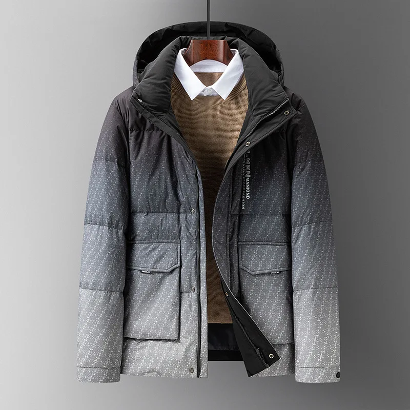 Chaqueta acolchada de moda para hombre, abrigos de otoño e invierno, gorra extraíble, ropa de abrigo de pato blanco, estampado degradado, Parkas, Tops cálidos para jóvenes