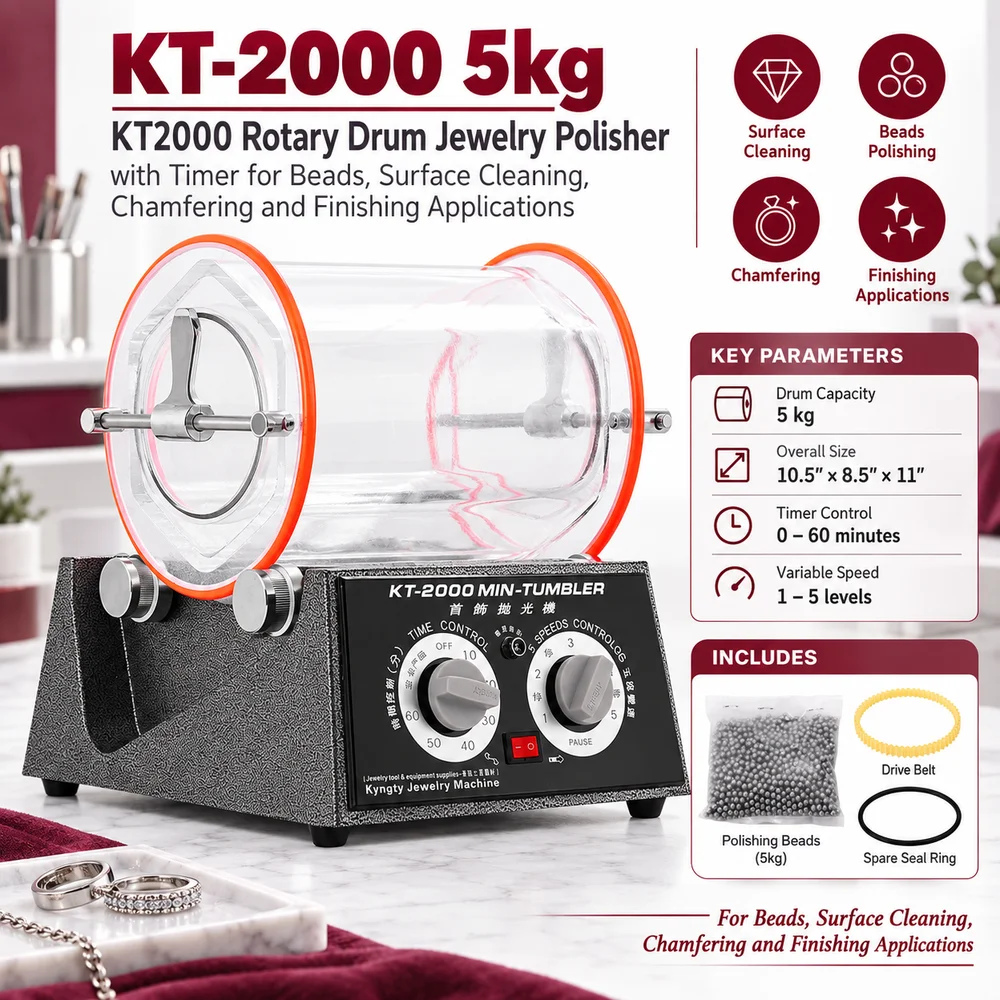 KT-2000 5kg KT2000 Rotary Drum Jewelry Polisher with Timer for Beads, Chamfering, Surface Cleaning and Finishing Tasks Projects