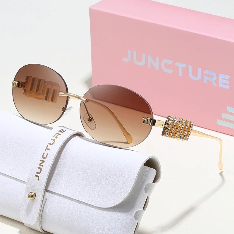 JUNCTURE Oval Frame Sunglasses New Rimless Cut Edge Personality Glasses Fashion Design Sense Small Frame Sun Glasses UV400