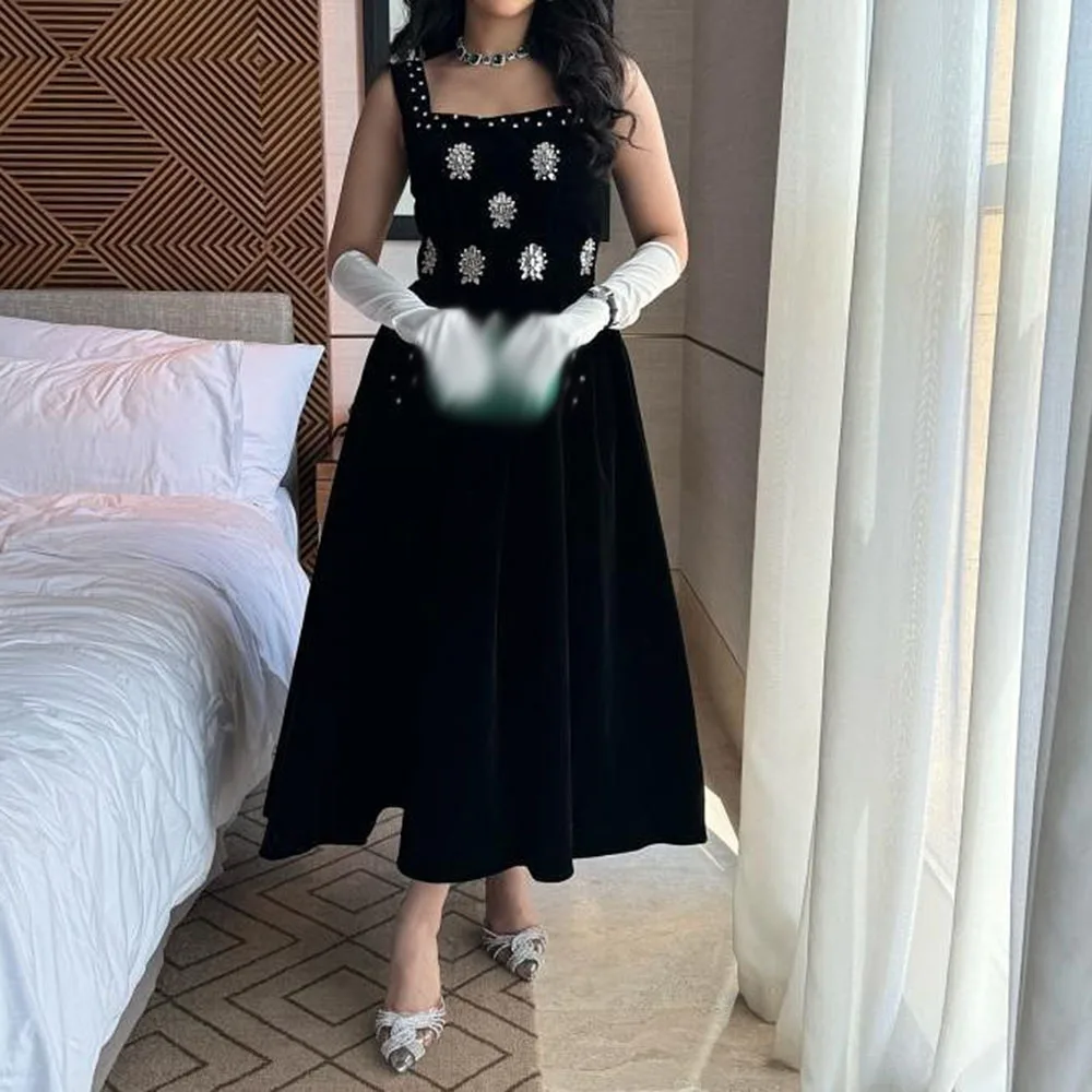 

Customized A-Line Prom Dresses Tea-Length Square Collar Sleeveless Evening Gown Fashion Crystal Simple Draped Party Gown