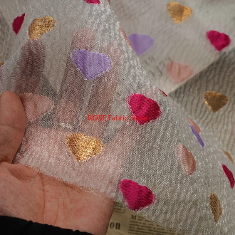 Red Gold Purple Heart printing texture Embossed Tulle Fabric For Blouse, summer Dress, Party dress, Dance dress, Shirts