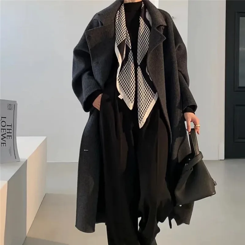 2023 Fashionable Little Sister Waist Pulling Wool Coat Double Sided Hand Sewn Cashmere Coat Women's Long Hair Series