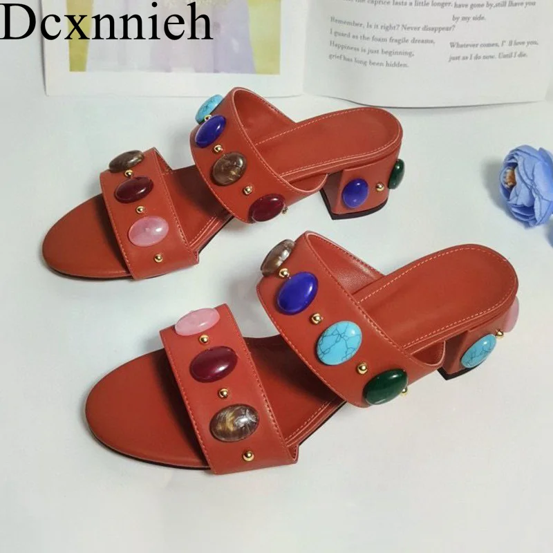 

Women Genuine Leather Chunky High Heel Slippers Summer Colored Crystal Decor Lazy Sandals Ladies Outdoor Vacation Shoes 2024