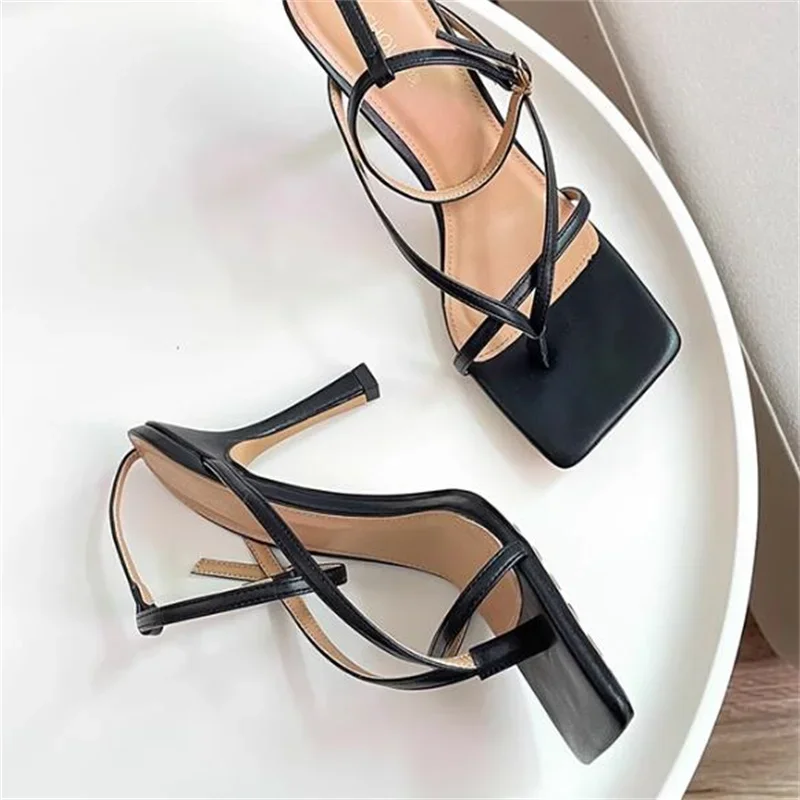 

Crossover Strap Shoes For Ladies Square Toe Thin High Heels Buckle Female Sandals Sewing Lines Chassure Femme PU Leather Zapatos