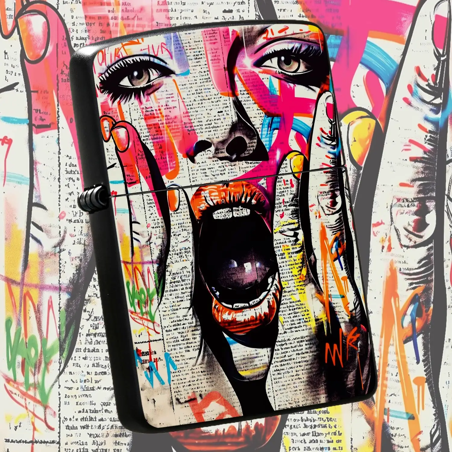 Trendy Graffiti Art Portrait Lighter, Vibrant Neon Color Street Style Newsprint Textured Creative Accessory, Portable All-Scenario Daily Carry Essential, Unique Novelty Practical Gift For Art Lovers And Trendy Friends A Humorous And Interes