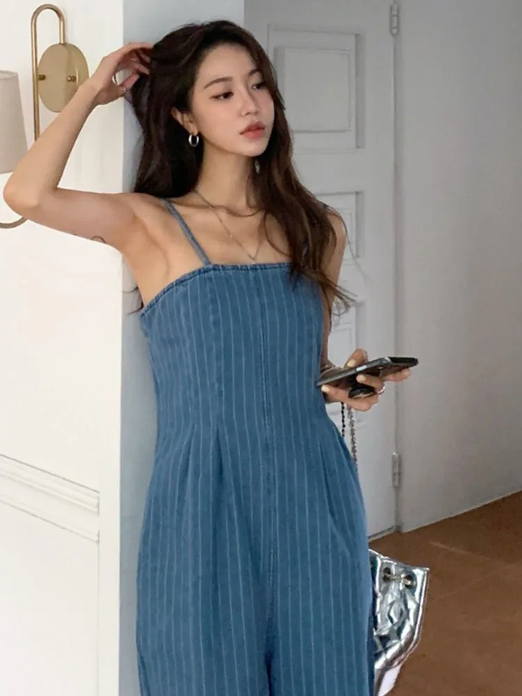 Vintage Striped Baggy Denim Slip Jumpsuit For Women Casual Loose Wide Leg Rompers With Pocket Pants Summer Overalls Playsuit New