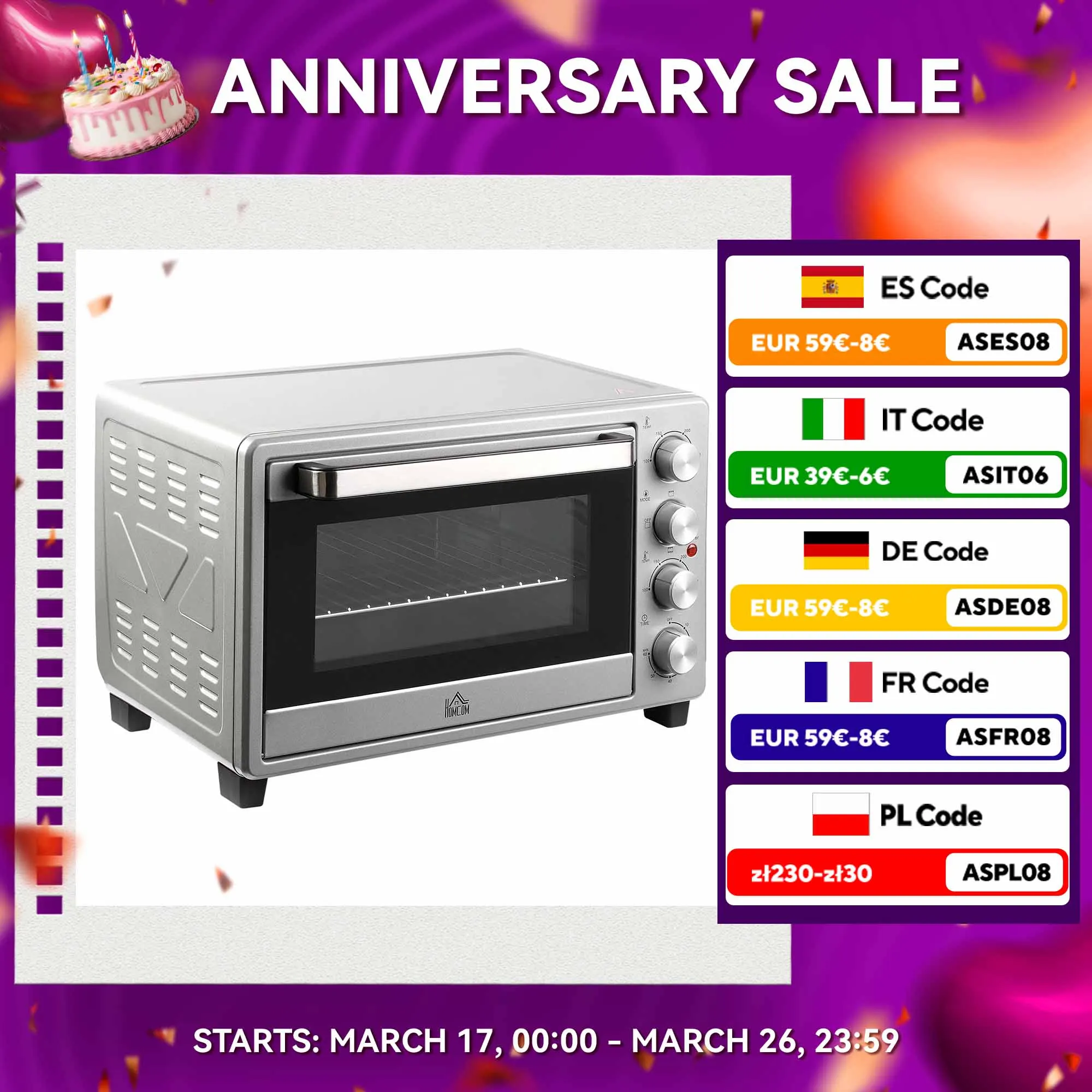 HOMCOM Mini forno elettrico 32L 1600W 52,2x38,1x33,5 cm argento