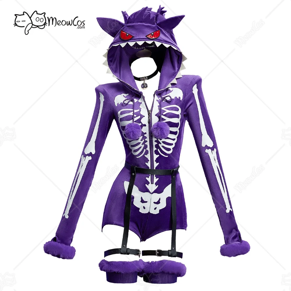 

MEOWCOS Purple Ghost Gothic Skull Print Fluffy Bodycon Romper Homewear Sexy Lingerie Furry Hooded Bodysuit with Tail and Socks