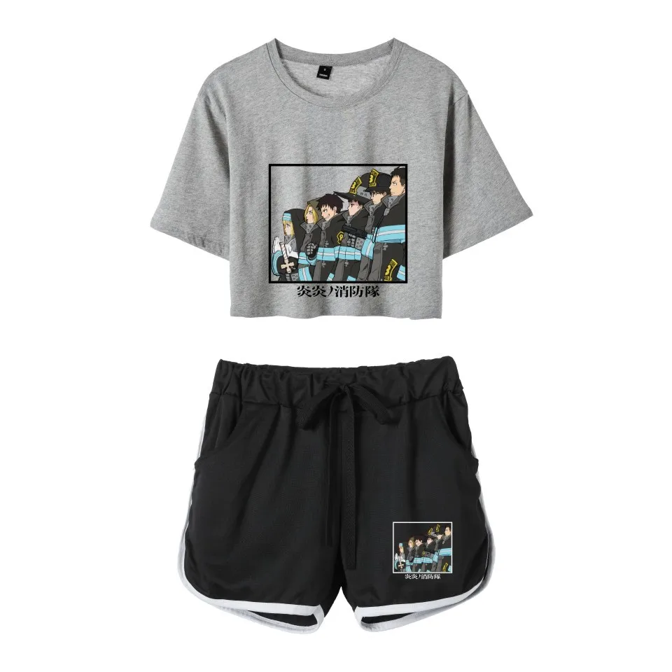 Fashion Novelty Youthful Fire Force Printed Short Sleeve Sexy Shorts+lovely T-shirts Dew navel Pretty Girl suits Two Piece Set
