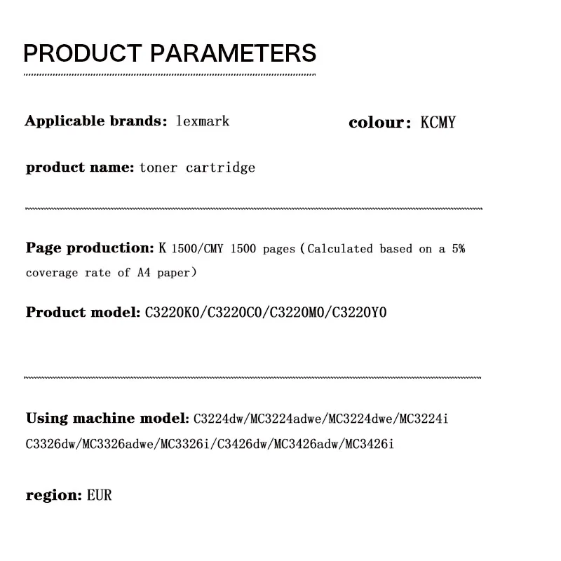 C3220K0 C3220C0 C3220M0 C3220Y0 1.5K K/C/M/Y Cartuccia toner EUR per Lexmark C3224dw/MC3224dwe/C3326dw/C3426dw//MC3426i