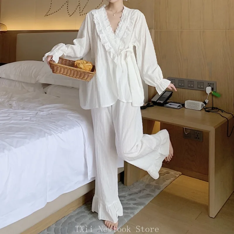 Ins Palace Style Lace Lace Strap Pure Cotton Pajamas for Women Spring and Autumn 2024 New Pure Desire Home Fury Set