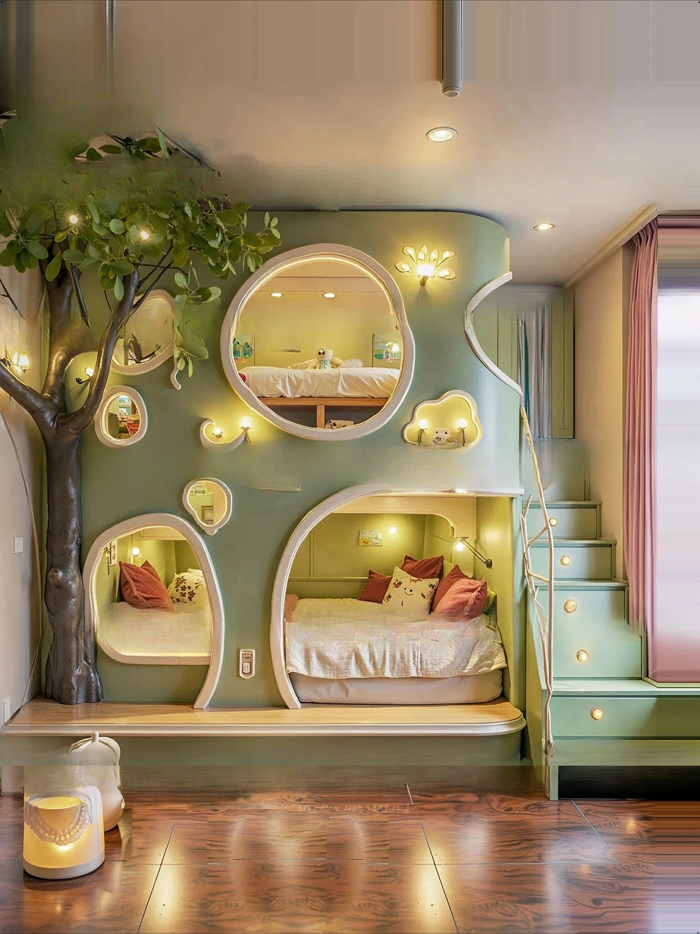 Hidup di hutan yang luas Tempat tidur anak-anak Rumah pohon hijau Harta karun pria Harta karun wanita Tempat tidur naik turun