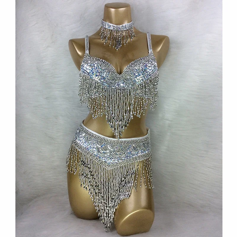 Set di costumi di danza del ventre con perline Abiti di danza del ventre di carnevale sexy Top di danza del ventre notturno Cintura con reggiseno a catena Abbigliamento da ballo