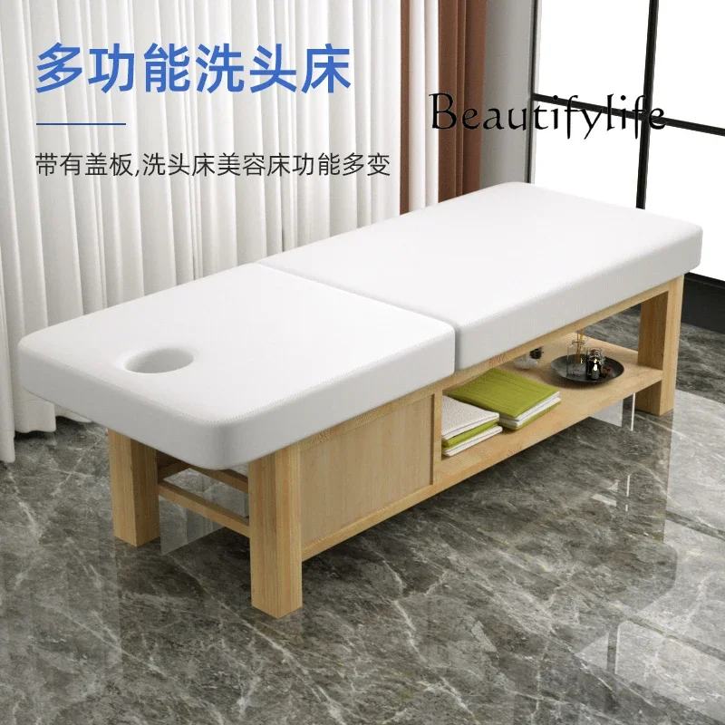 Thai Water Circulation Shampoo Chair Barber Shop Lying Flat Multi-Functional Solid Wood Beauty Head Therapy Flushing Bed