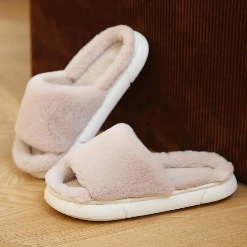 2022 Nieuwe Vrouwen Slippers Herfst En Winter Bont Slippers Indoor Huishoudelijke Slippers Zachte Onderkant Effen Kleur Huis Katoenen Slippers