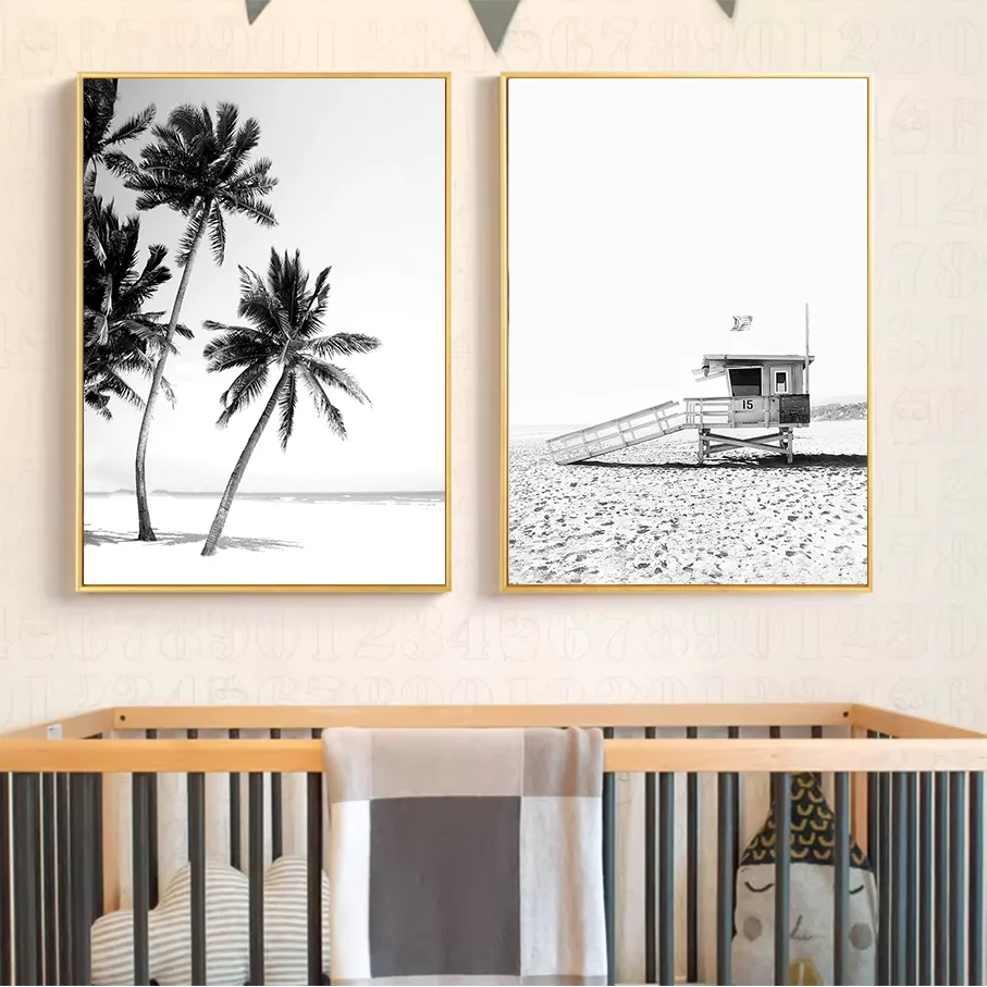 Black and White Palm Tree Lifeguard Tower Frameless Canvas Print Tropical Beach Wall Art Modern Decor