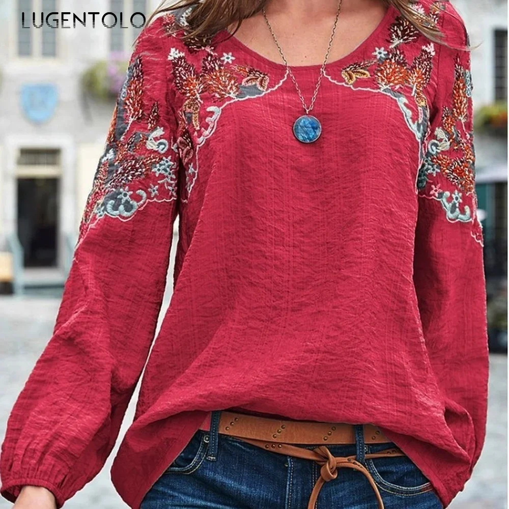 Women Long Sleeve Shirt New Fashion Embroidery Print Spring Summer Tops O-Neck Loose Female Casual Linen Harajuku Clothing