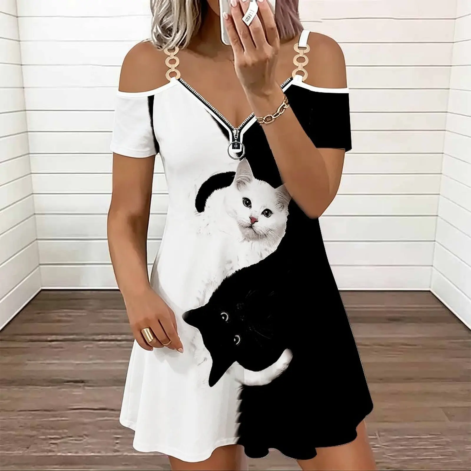 Retro Fashion Cold‑shoulder Double Strap V‑neck Zipper Ladies Mini Skirt Spring Summer Casual Dress Beach Vacation Party Dress