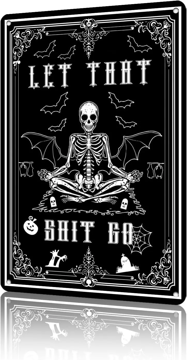 Black Goth Skull Metal Tin Sign Funny Skeleton Wall Decor for Bar Halloween Bathroom Home Decoration