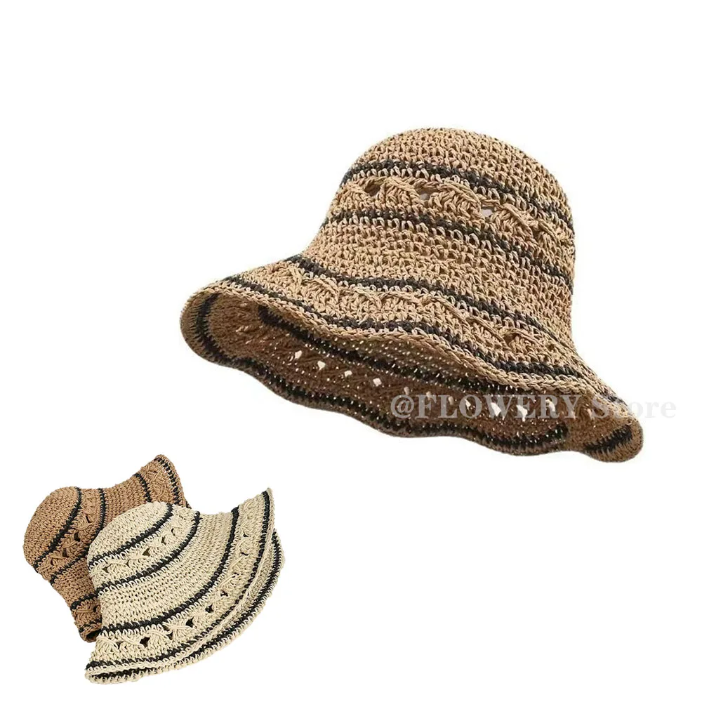 

Summer fashion straw bucket hat with striped perforated design, lightweight and suitable for beach vacation or fishing.