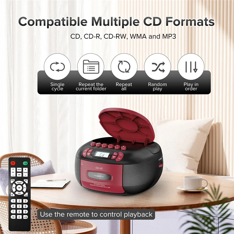 

FORW-Portable CD Player Cassette CD Player AM FM Radio Bluetooth Speakers AUX USB MP3 Plays With Remote Control