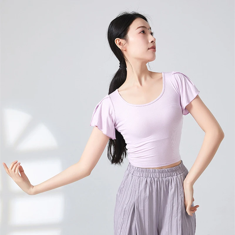 Modern Dance Top Women Tie Back Ruffle Short Sleeve Crop Blouse Stage Practice Tops Crew Collar Spliced Gauze Mesh Casual Shirt