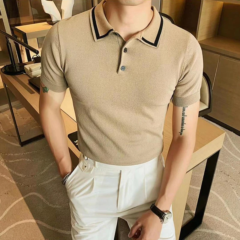 

Leisure Breathable Knitting Slim Polo Shirts Men Short Sleeve Lapel Buttoned Knit Pullover Tops Summer Mens Casual Polo T Shirts