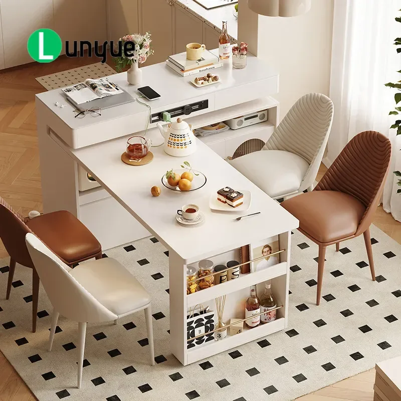 Modern Cream Style Solid Wood Island Dining Table with Retractable Rock Slab Top Rotating Multi Functional Bar Table for