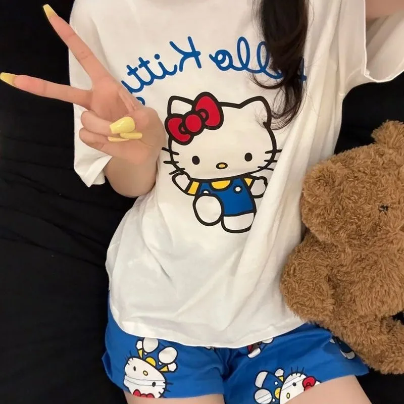 Hello Kitty Pajamas Kawaii Anime Cartoon Printing Sanrio Summer Short Sleeve Shorts Joker Home Clothing Suit Girls' Holiday Gift