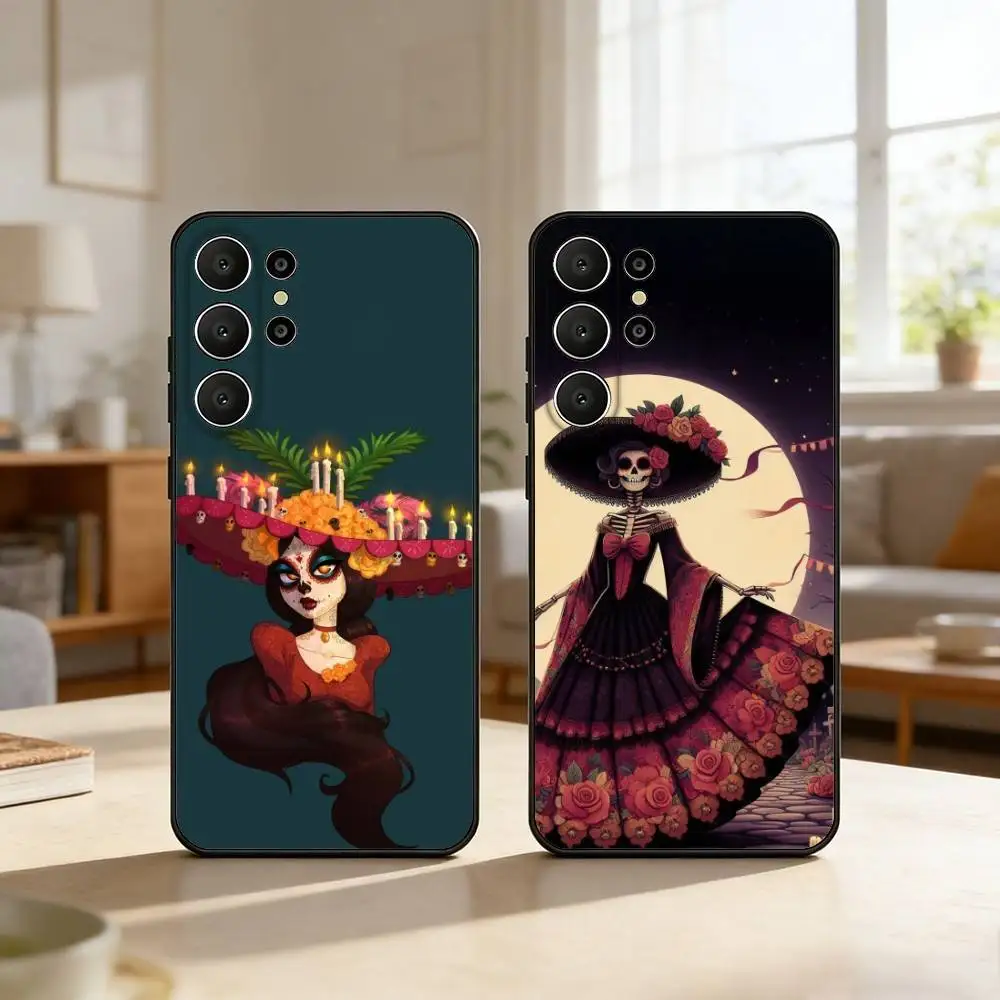 D-Day of the Dead M-Mexican Catrina Skull Phone Case For Samsung S26,S25,24,23,22,30,21,10,9,Ultra,Plus,Lite,Black Soft Case