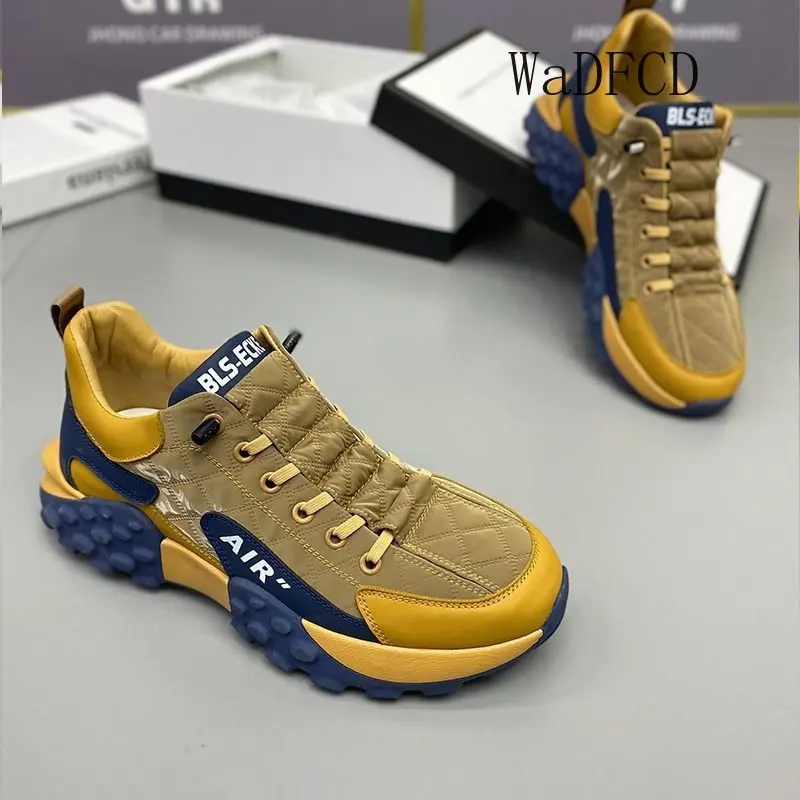 Chunky Sneakers Men Soft Sole Running Shoes Fashion Casual Leather Fabric Breathable Height Increased Flat Platform Board Shoes